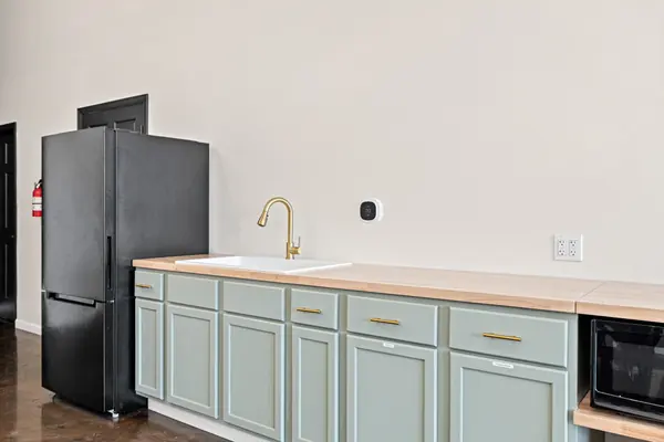 Kitchenette straight on: black refrigerator, sink with brass faucet