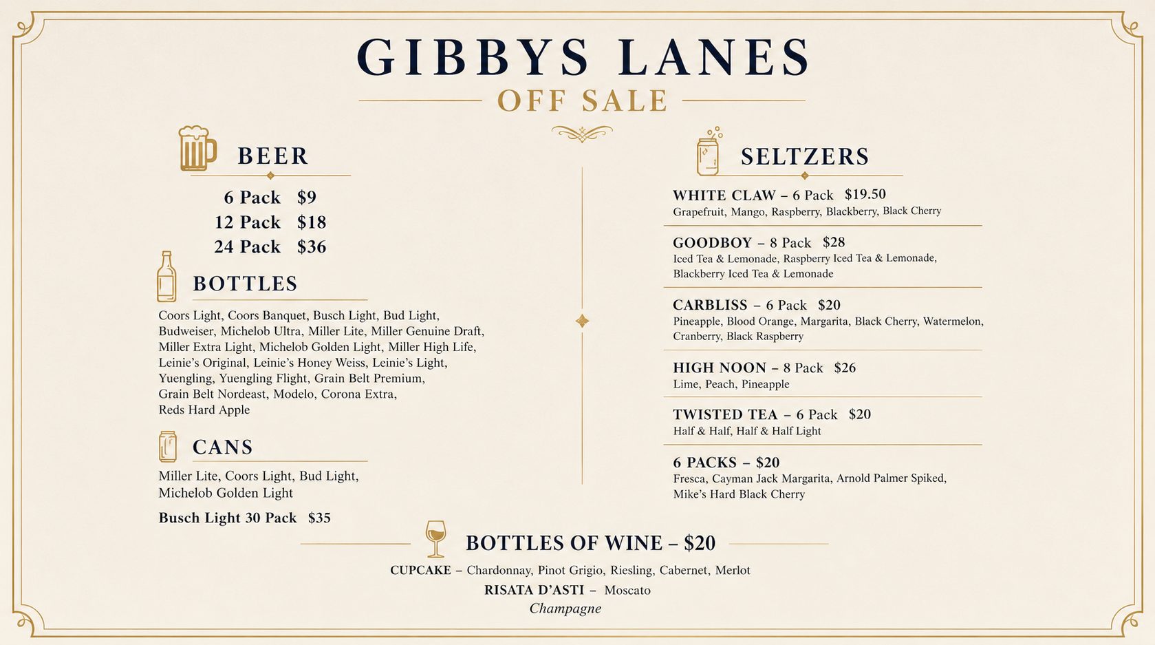 Gibby’s Lanes off-sale price list for beer, seltzers and wine