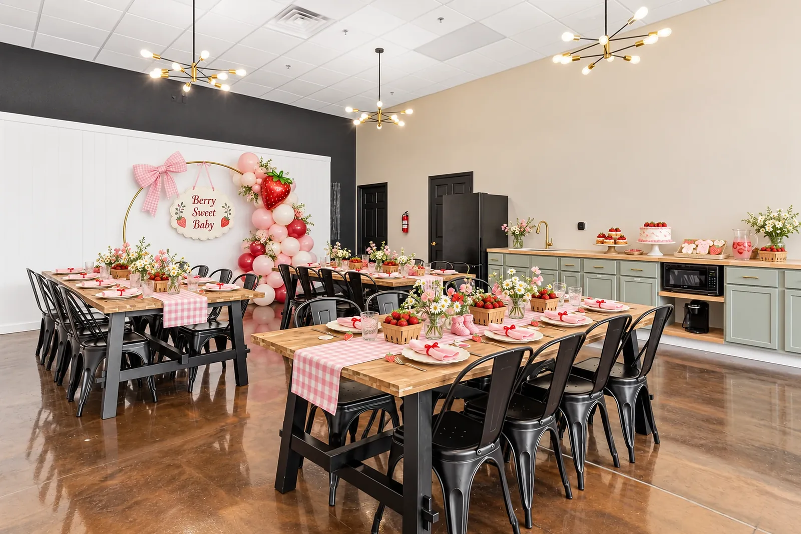 AI-rendered styling idea: the room set for a baby shower with a pink balloon arch and gingham runners